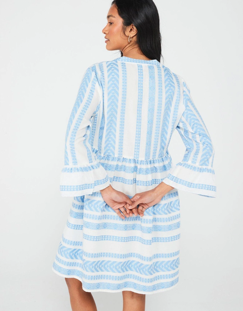 V Neck Frill Sleeve Mini Dress - Blue/White