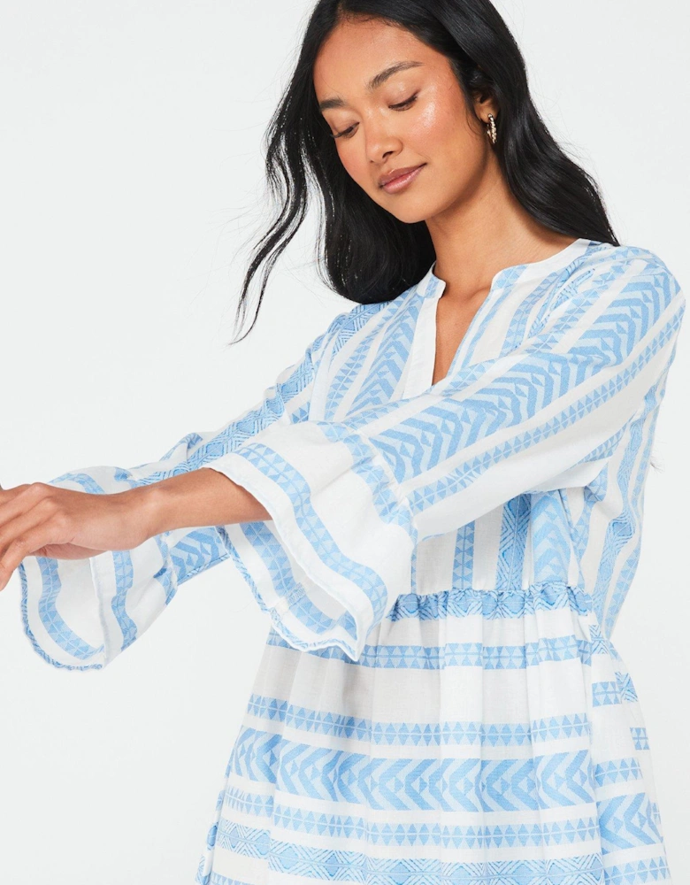 V Neck Frill Sleeve Mini Dress - Blue/White