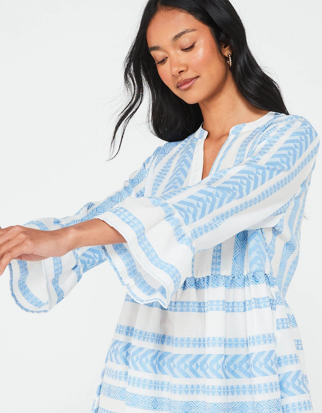 V Neck Frill Sleeve Mini Dress - Blue/White