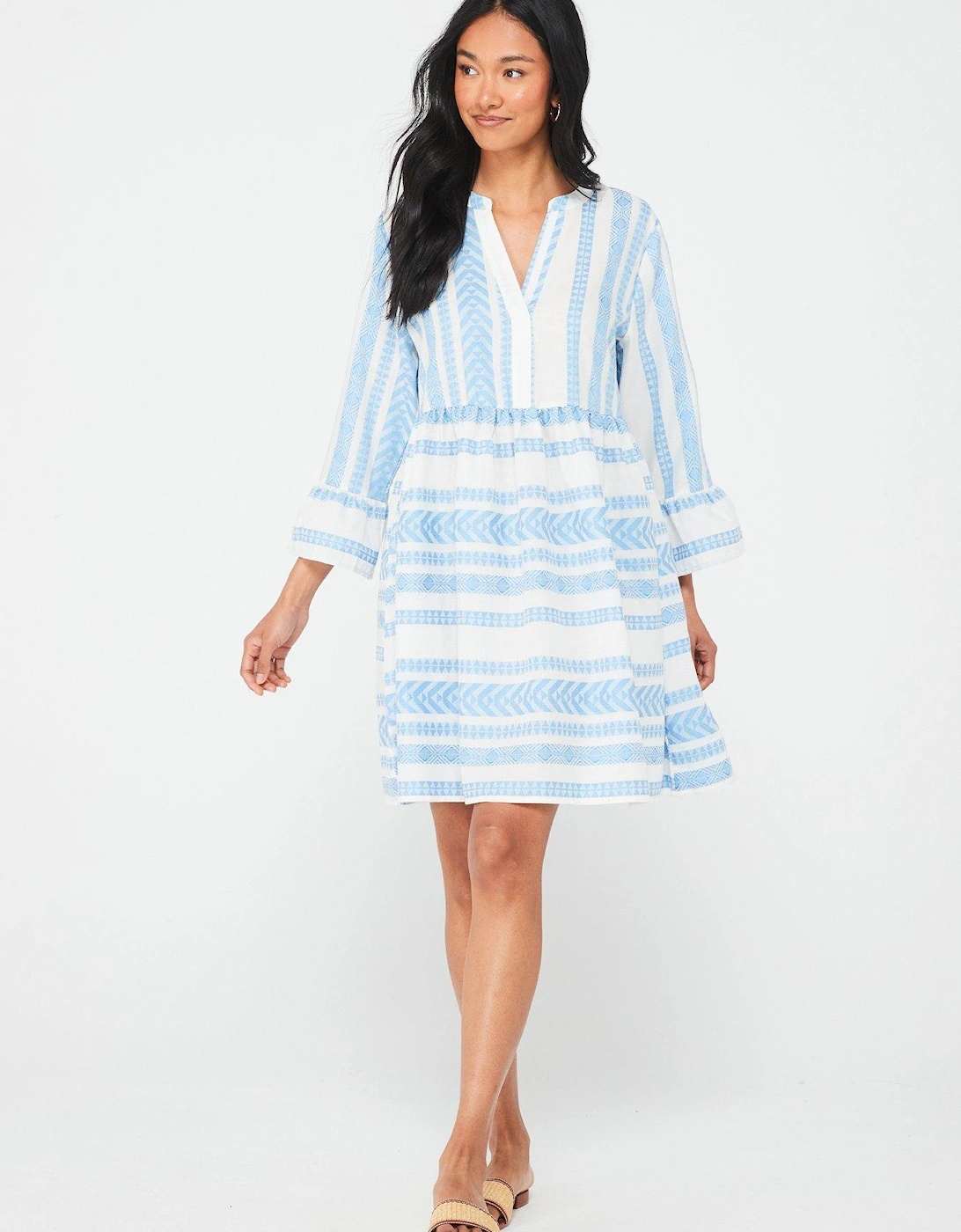 V Neck Frill Sleeve Mini Dress - Blue/White