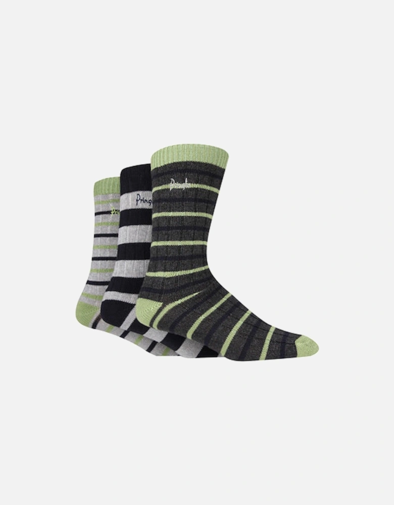 Pringle 3 Pack Bamboo Leisure Sock Green/Charcoal Grey Stripes