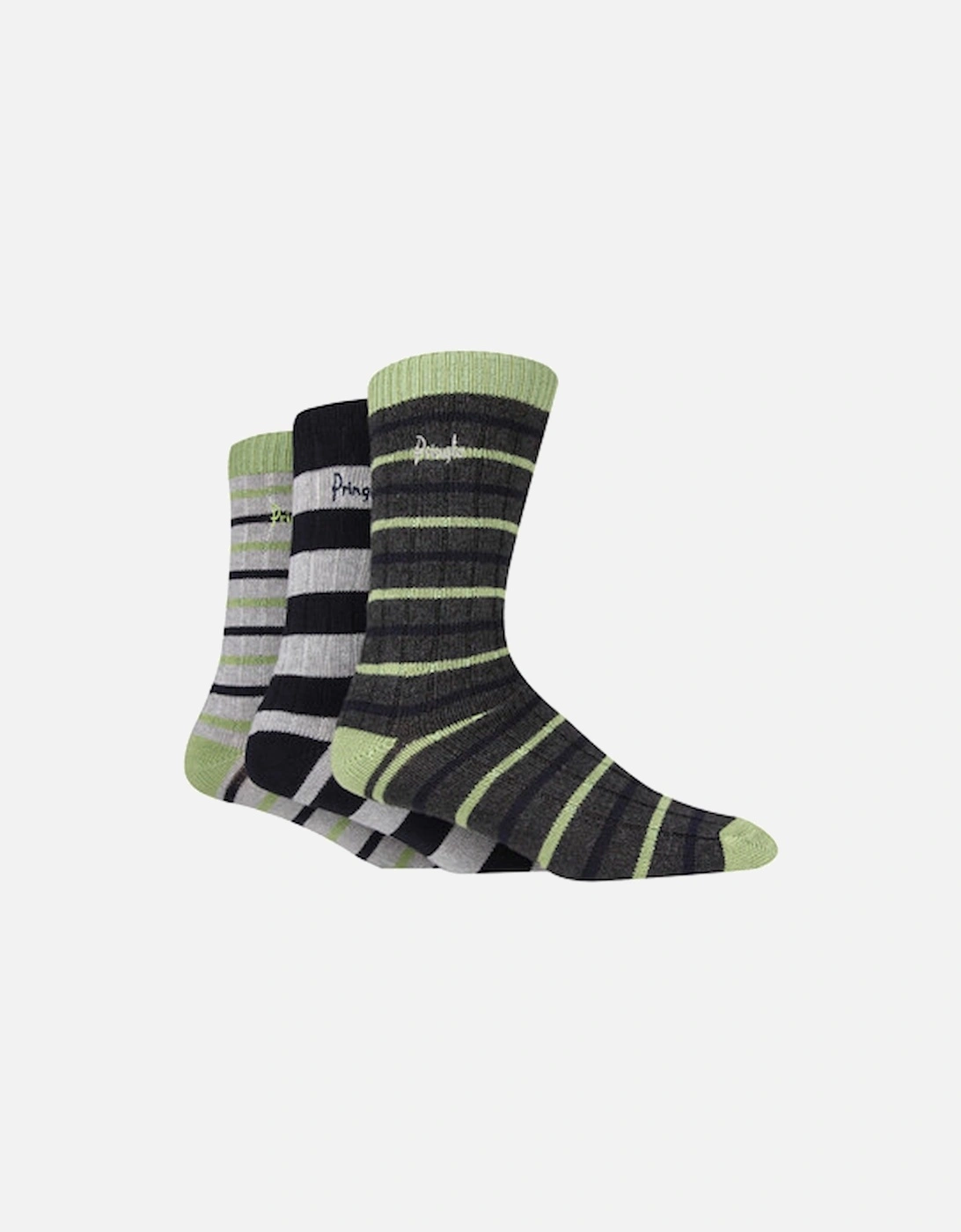 Pringle 3 Pack Bamboo Leisure Sock Green/Charcoal Grey Stripes, 2 of 1