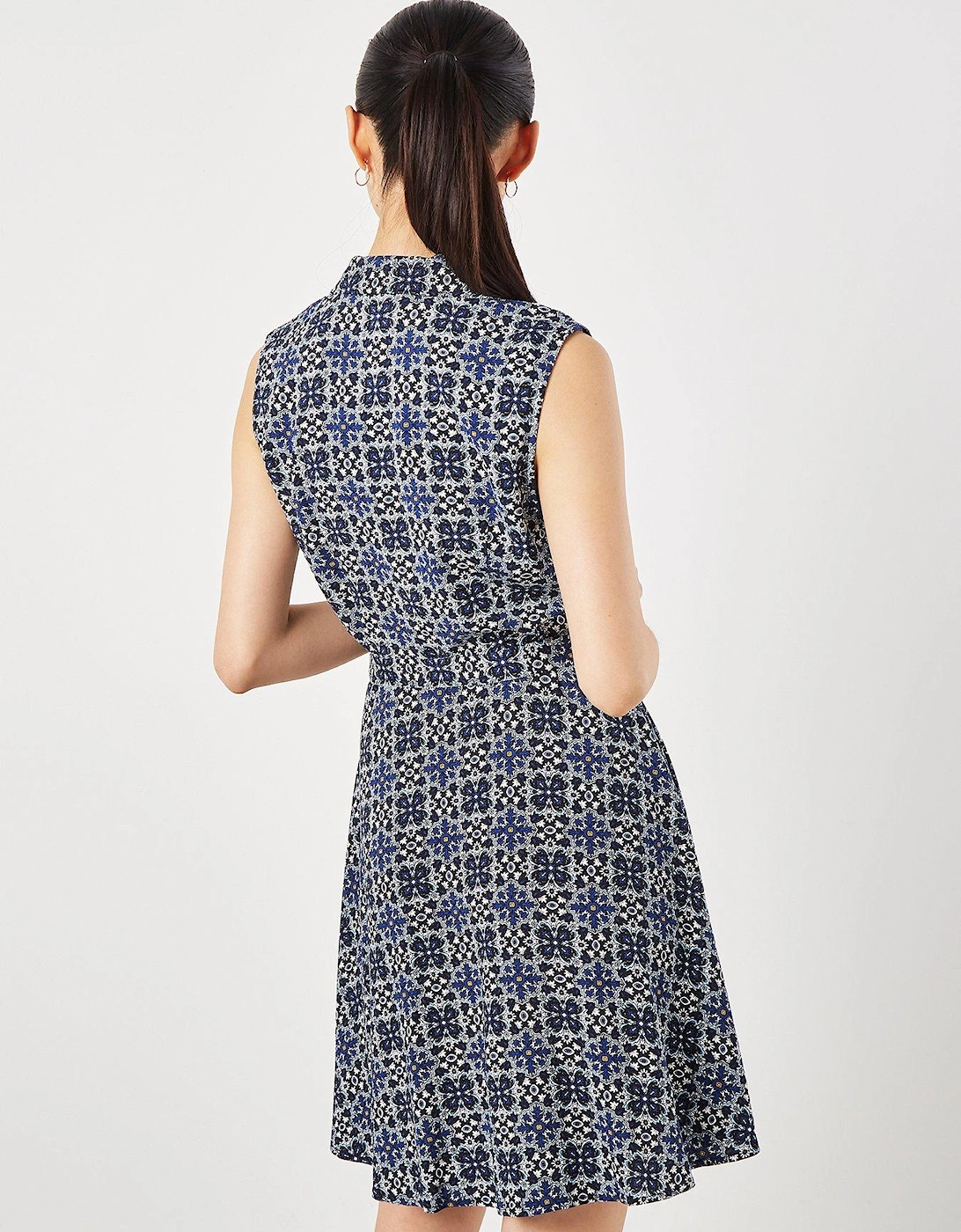 Geo Open Collar Belted Dress - Blue