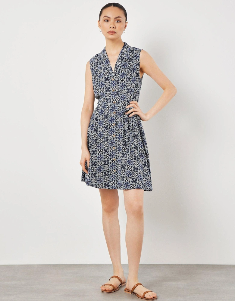 Geo Open Collar Belted Dress - Blue