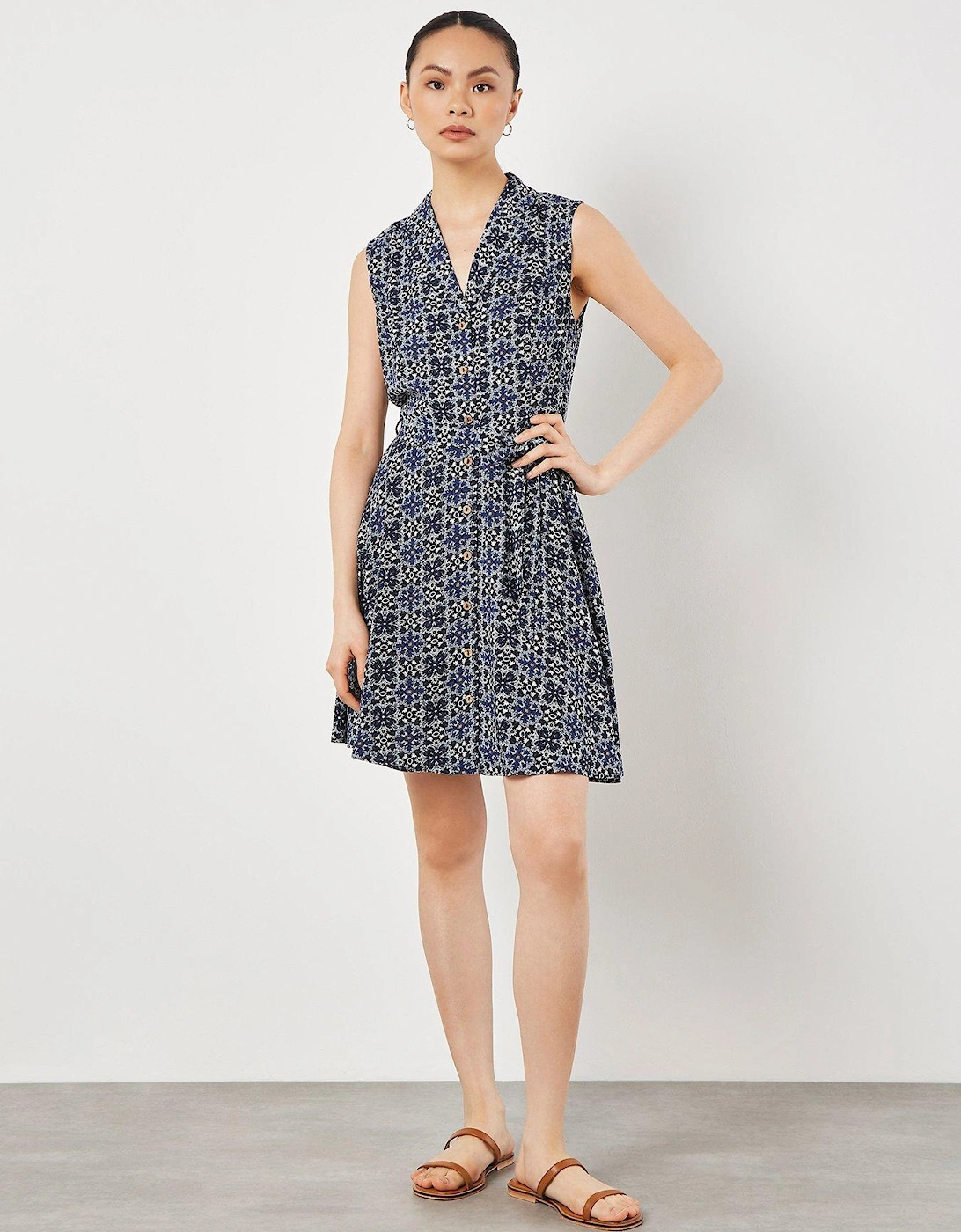 Geo Open Collar Belted Dress - Blue