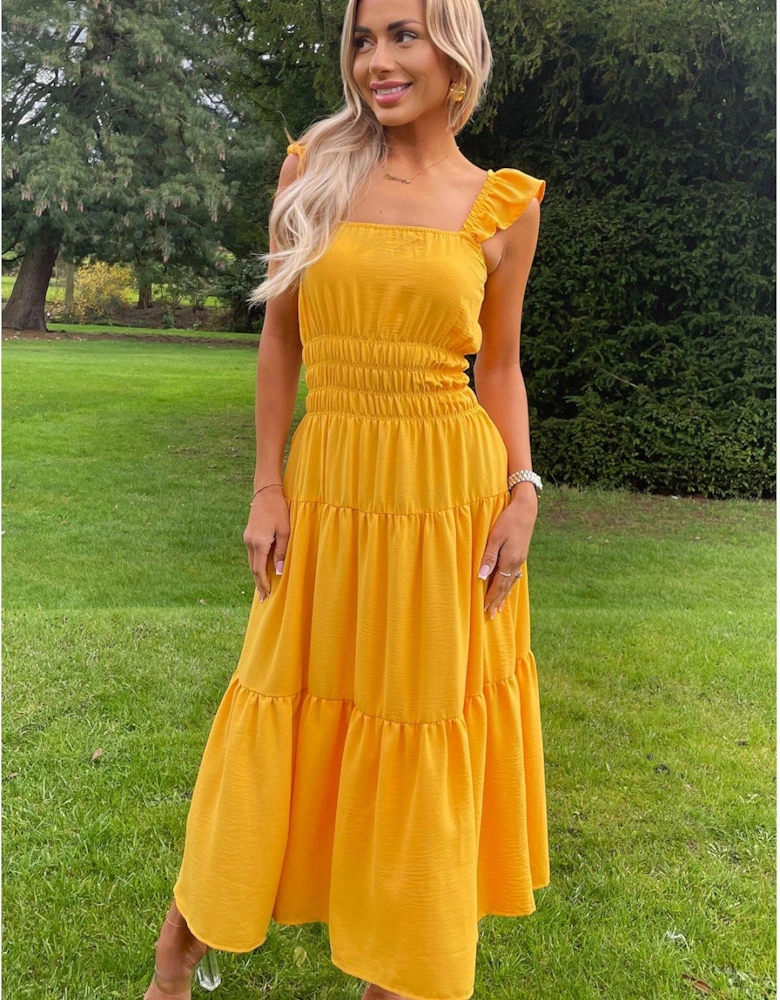 Yellow Frill Strap Tiered Midi Dress