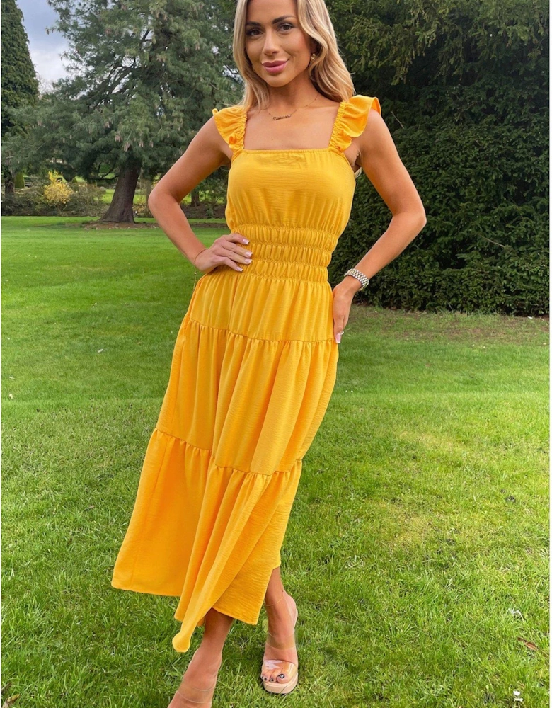 Yellow Frill Strap Tiered Midi Dress
