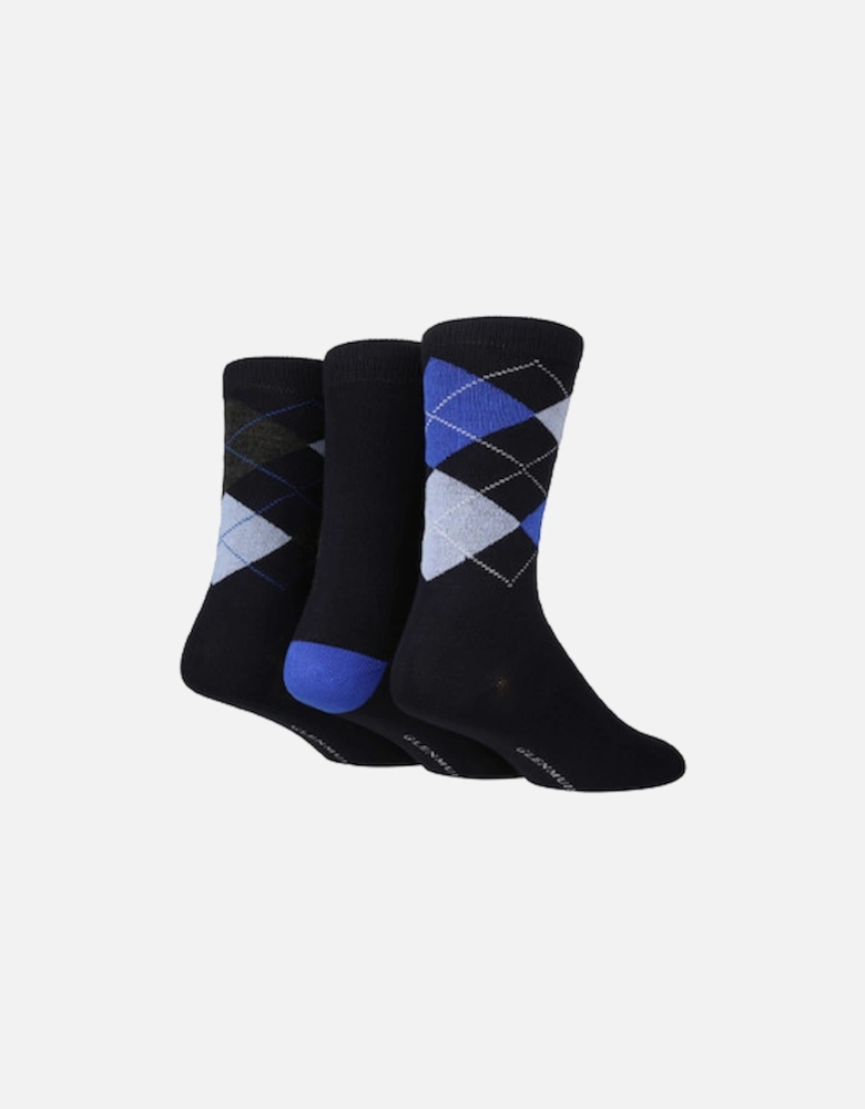 Glenmuir Men's 3 Pack Argyle Socks Navy