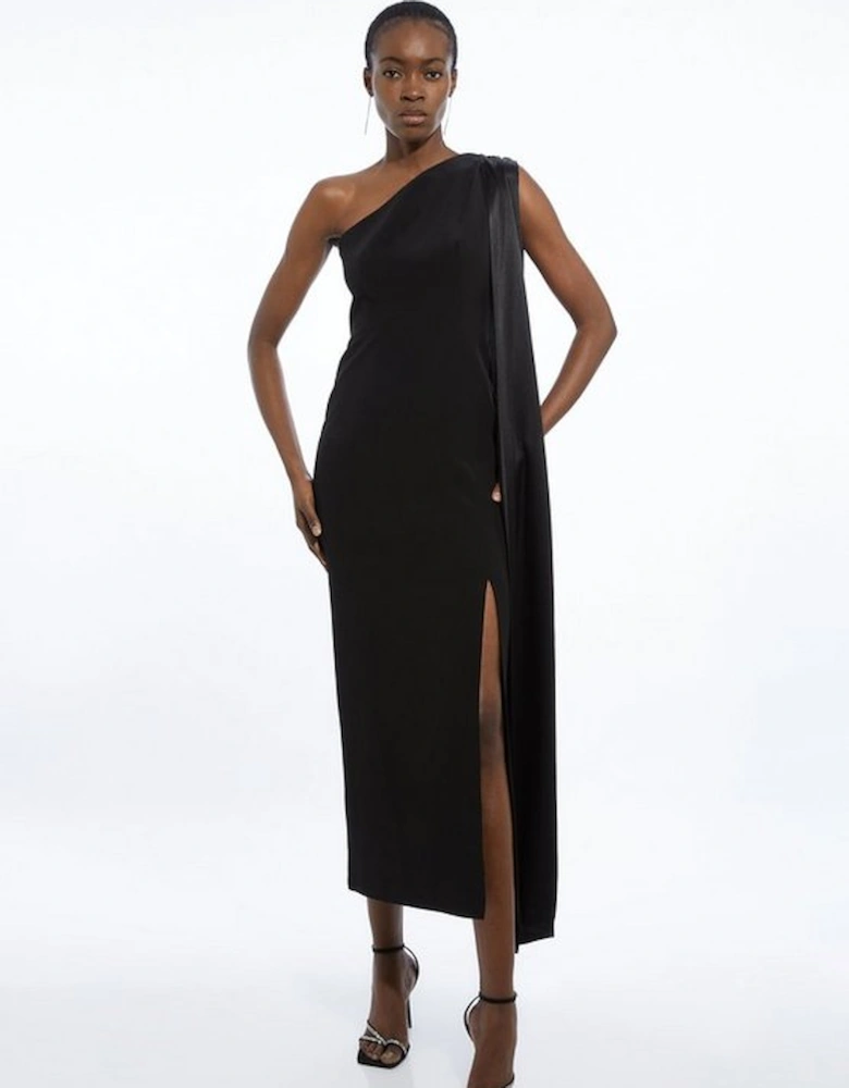 Viscose Satin Back Crepe Tailored One Shoulder Cape Maxi Dress