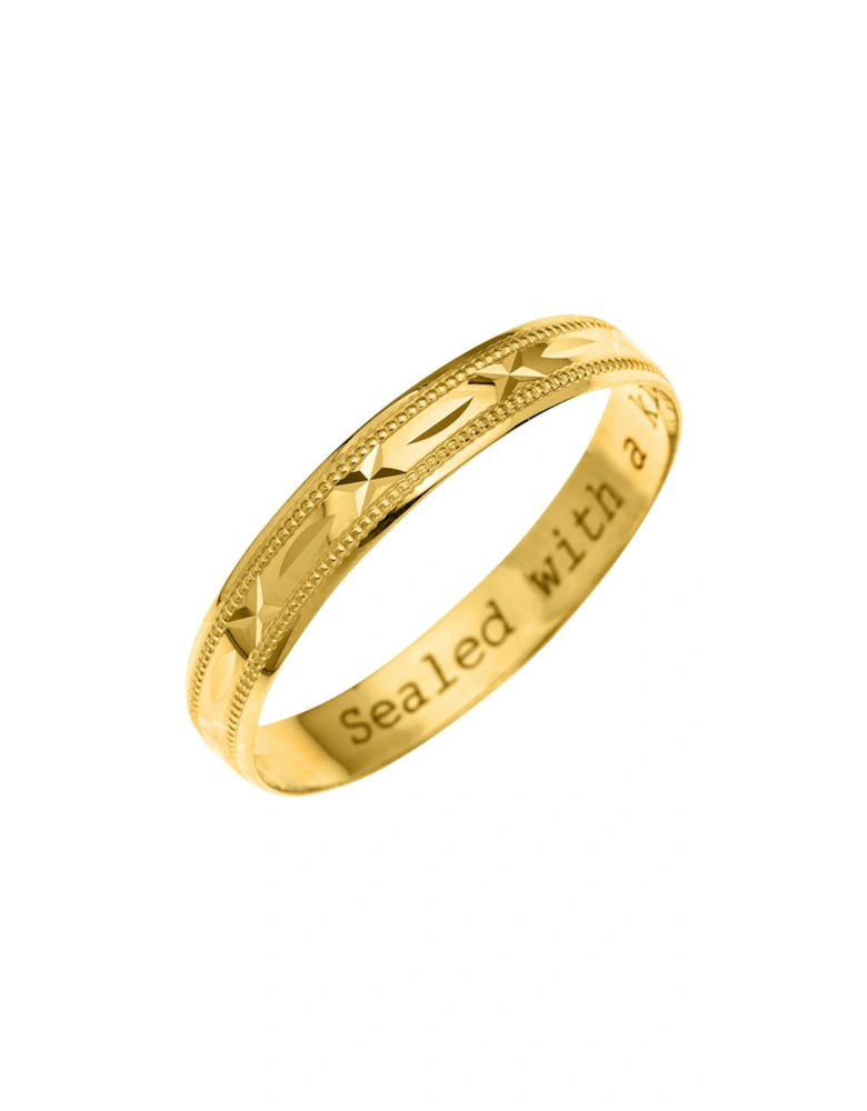 9ct Yellow Gold Diamond Cut 4mm Wedding Band With Message 'Sealed With A Kiss'