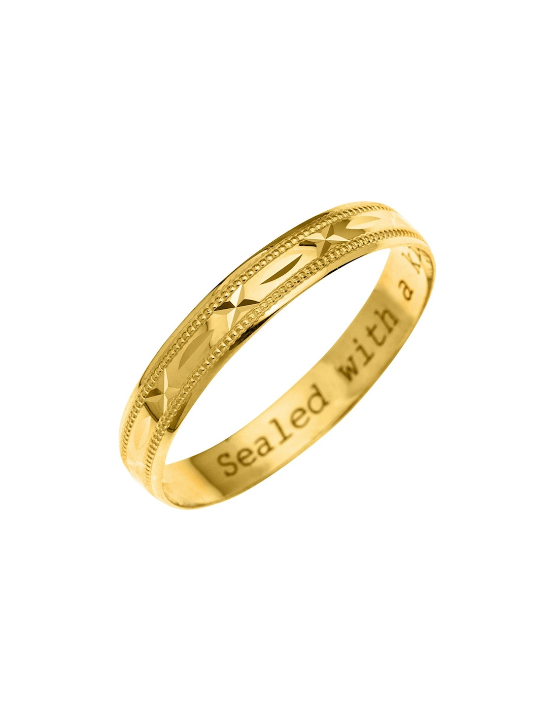 9ct Yellow Gold Diamond Cut 4mm Wedding Band With Message 'Sealed With A Kiss', 2 of 1