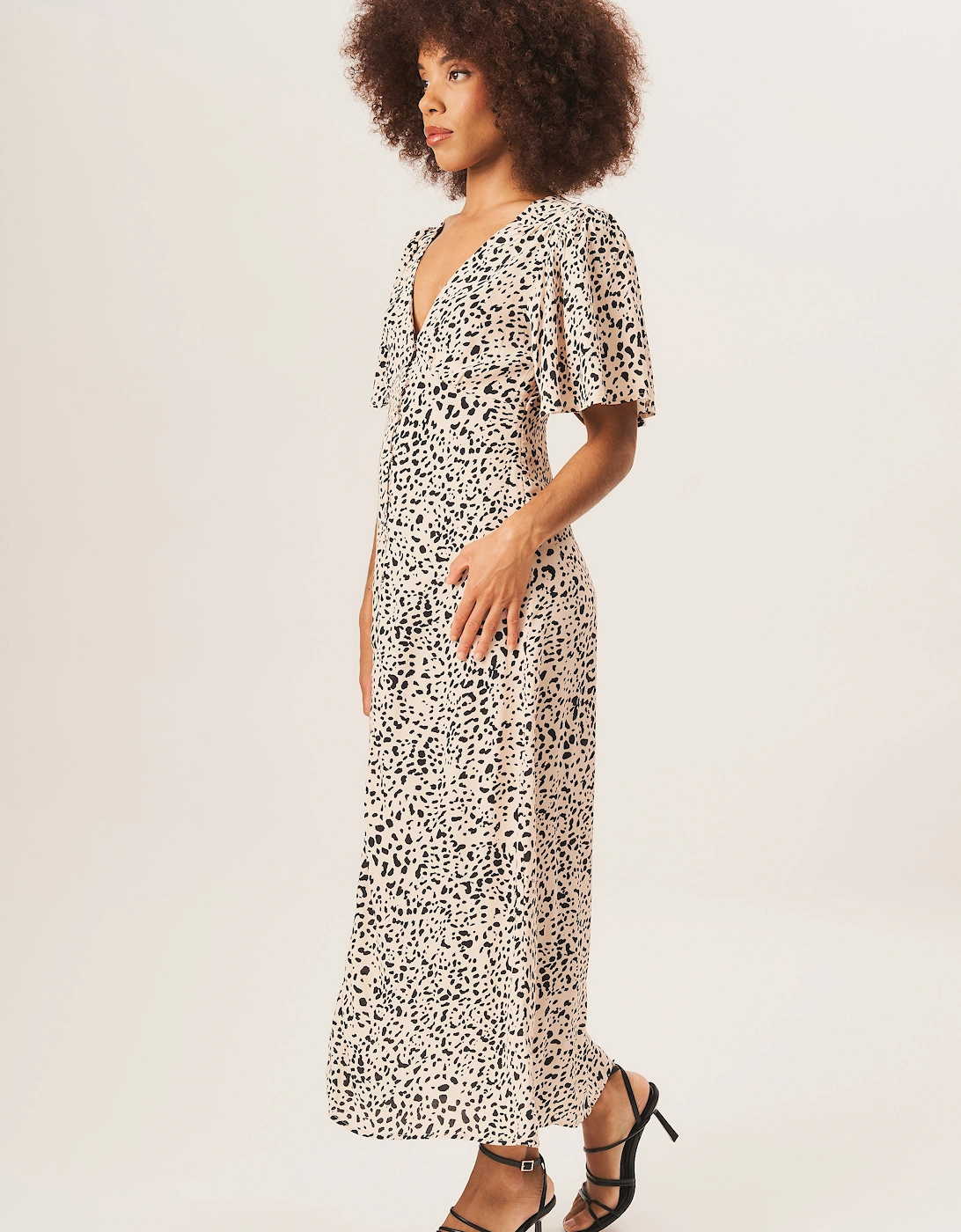 Beige Animal Print Button Down Midi Dress