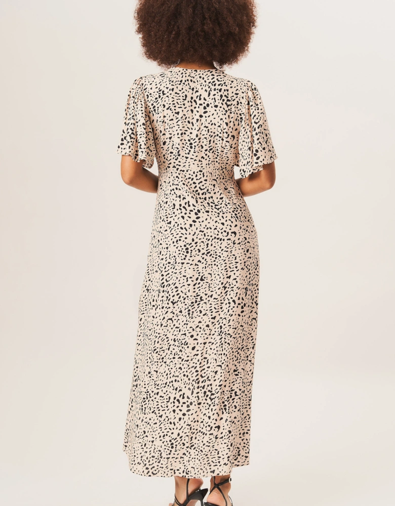 Beige Animal Print Button Down Midi Dress