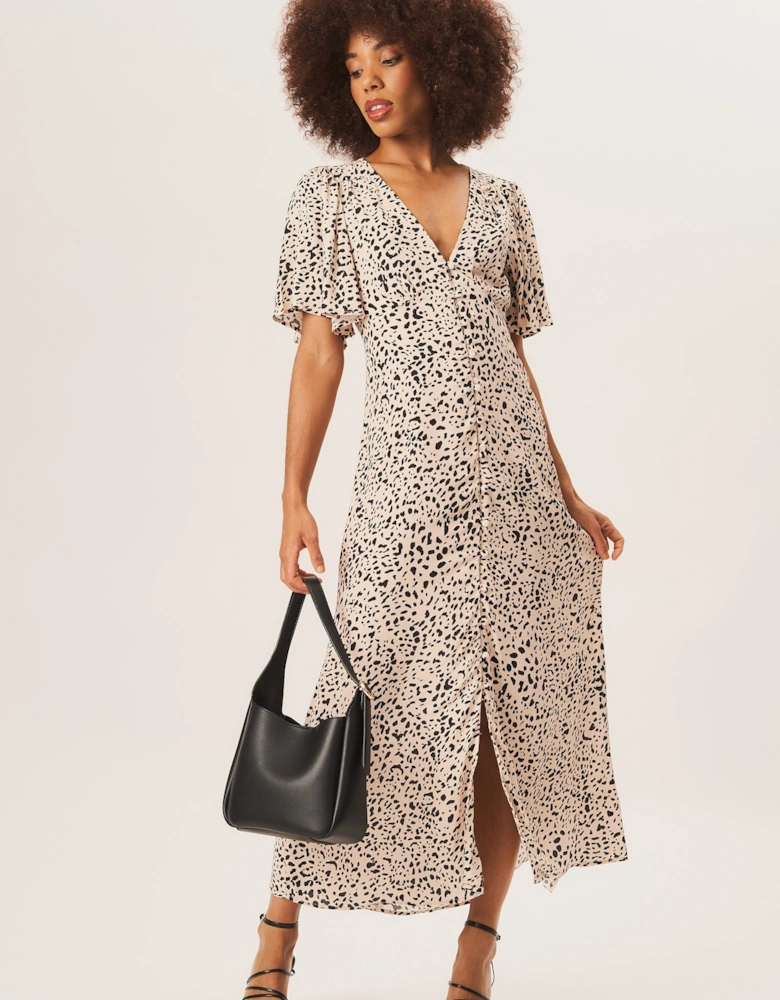 Beige Animal Print Button Down Midi Dress