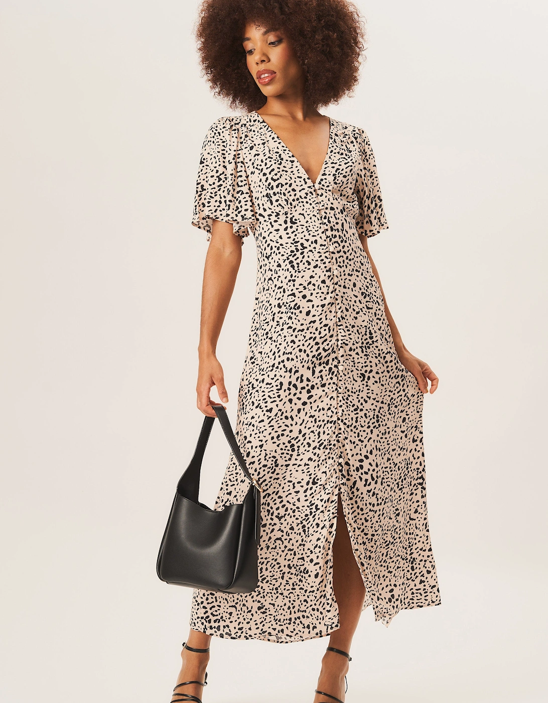 Beige Animal Print Button Down Midi Dress