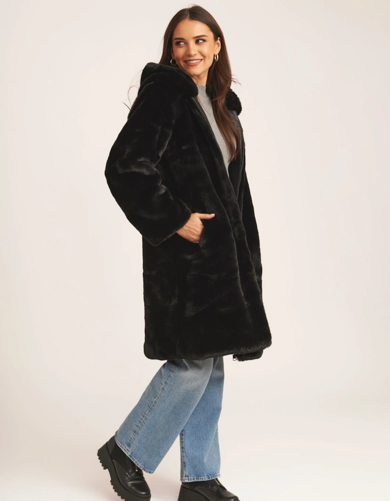 Black Faux Fur Hooded Longline Coat