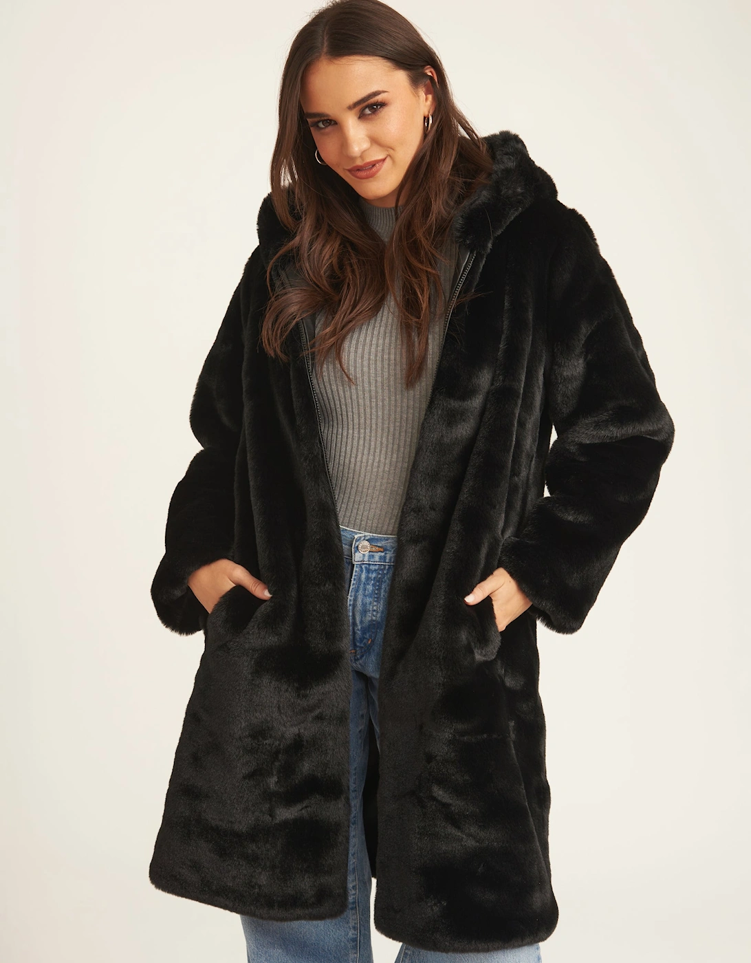 Black Faux Fur Hooded Longline Coat, 5 of 4