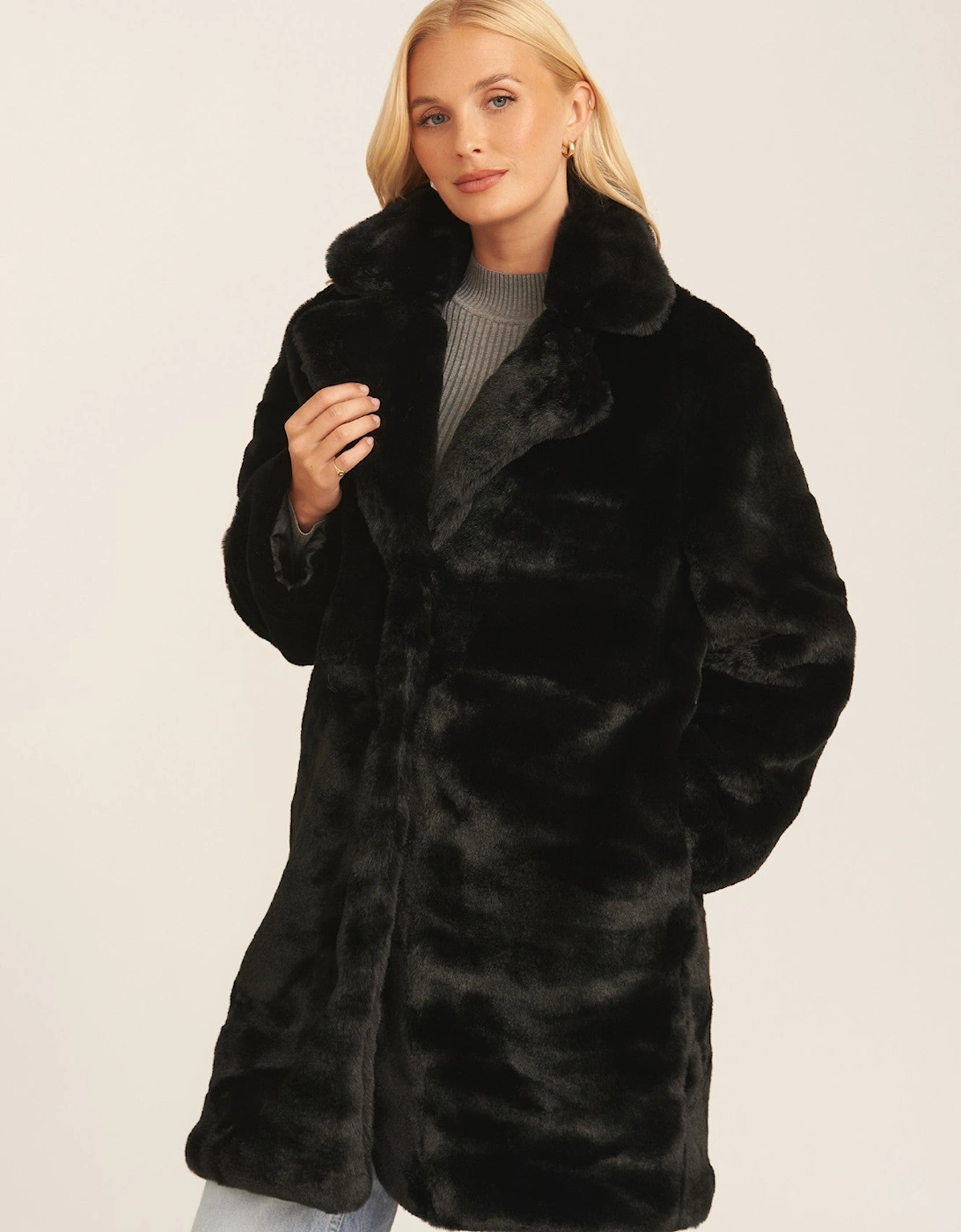 Gini London Women's Black Faux Fur Lapel Collar Longline Coat - Size: 8/10