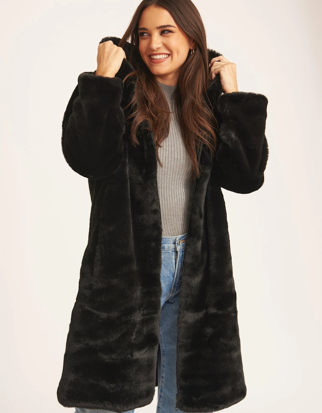 Black Faux Fur Hooded Longline Coat