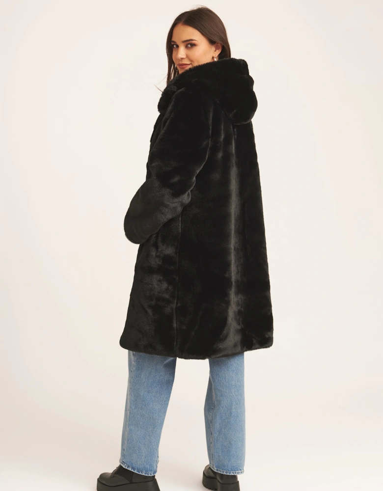 Black Faux Fur Hooded Longline Coat