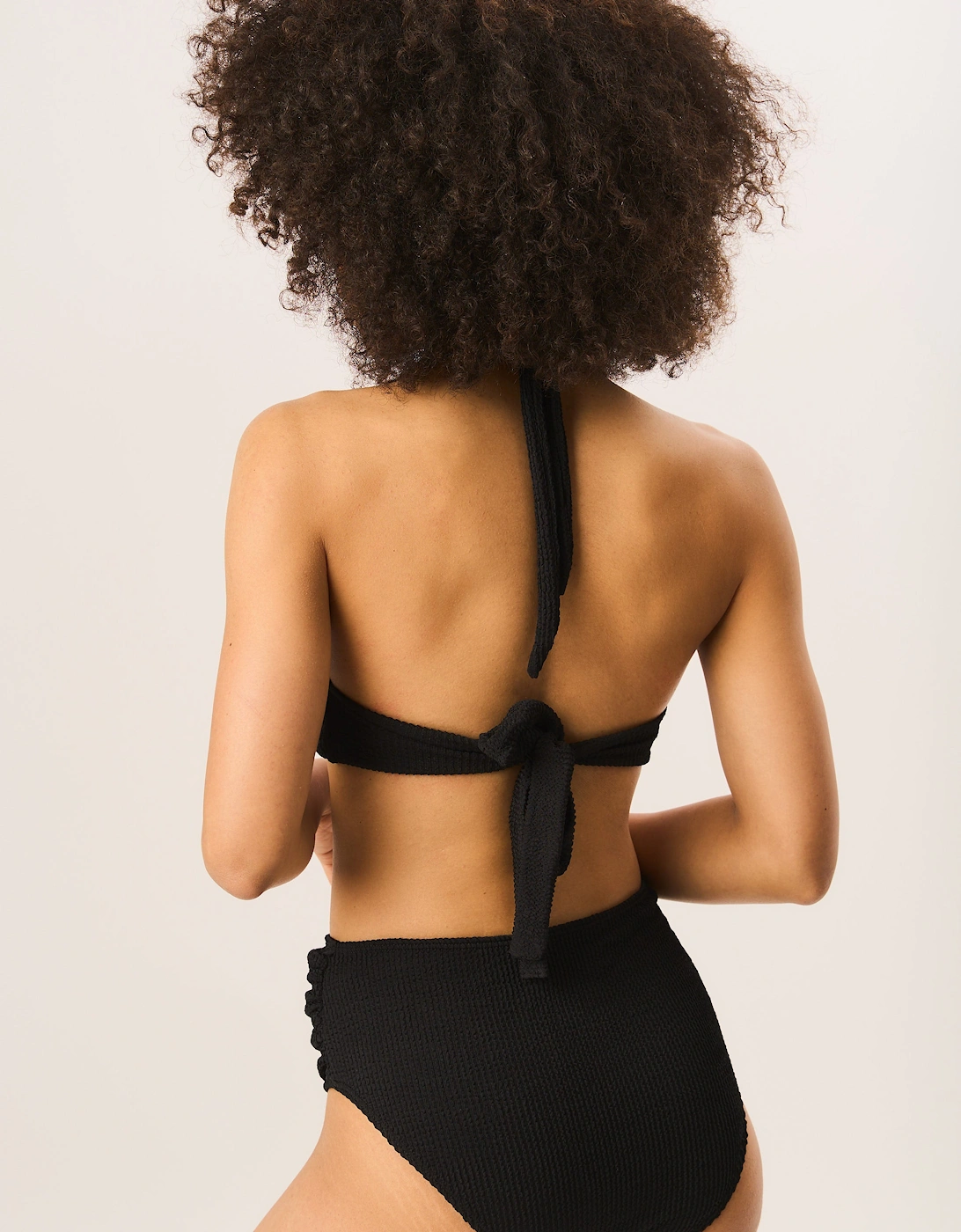 Black Textured Halter Bikini Top with Ring Detail