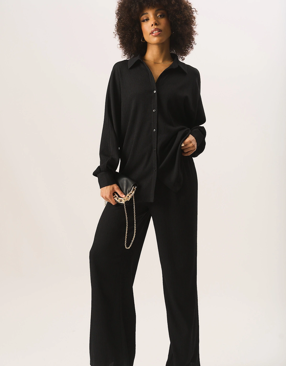 Black Textured Oversize Fit Long Sleeves Shirt