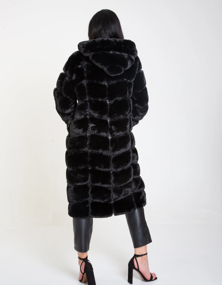 Black Panelled Hooded Longline Fur Coat