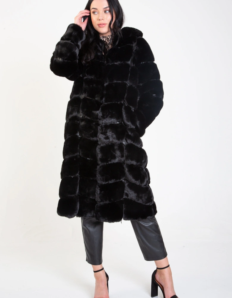 Black Panelled Hooded Longline Fur Coat