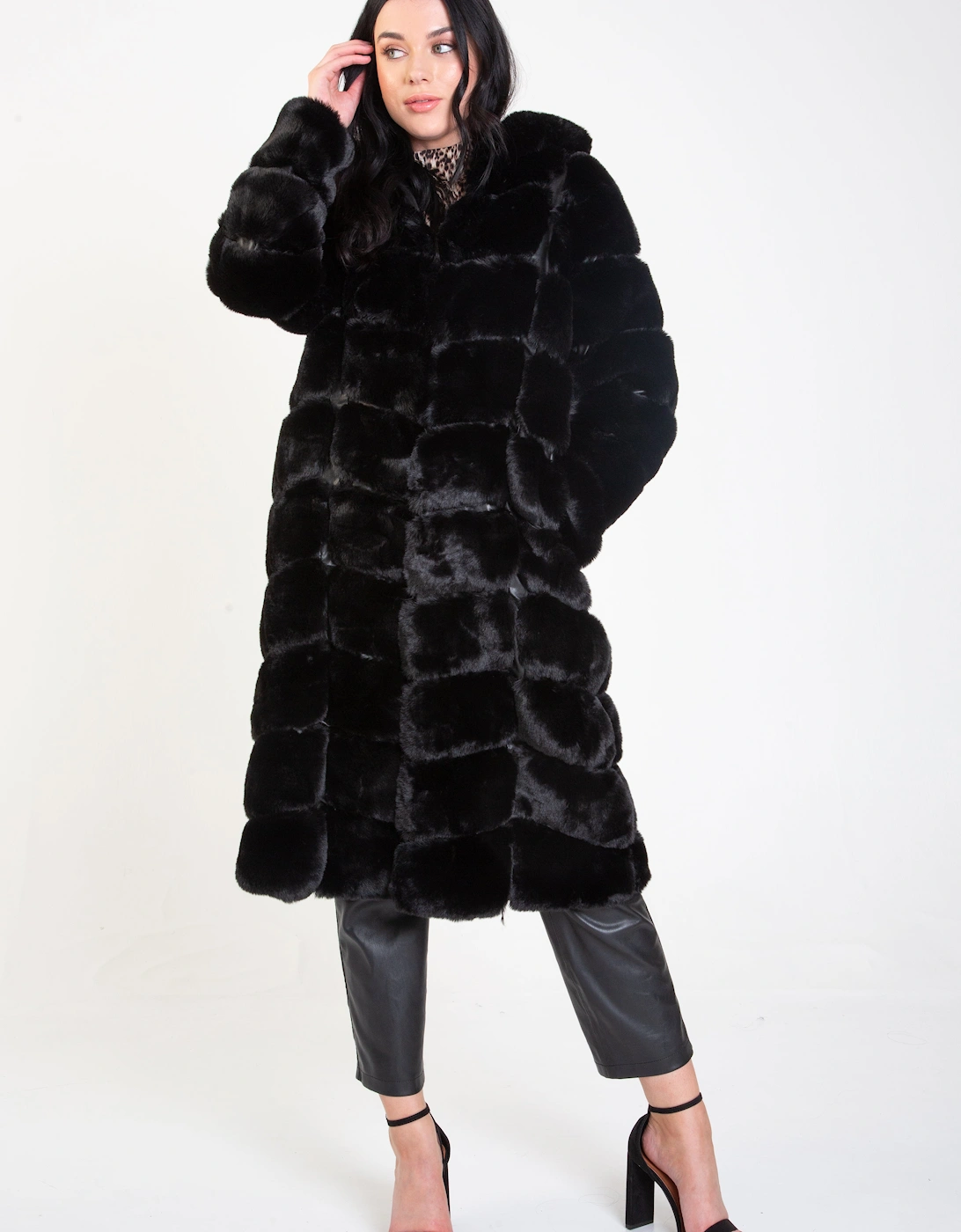 Black Panelled Hooded Longline Fur Coat