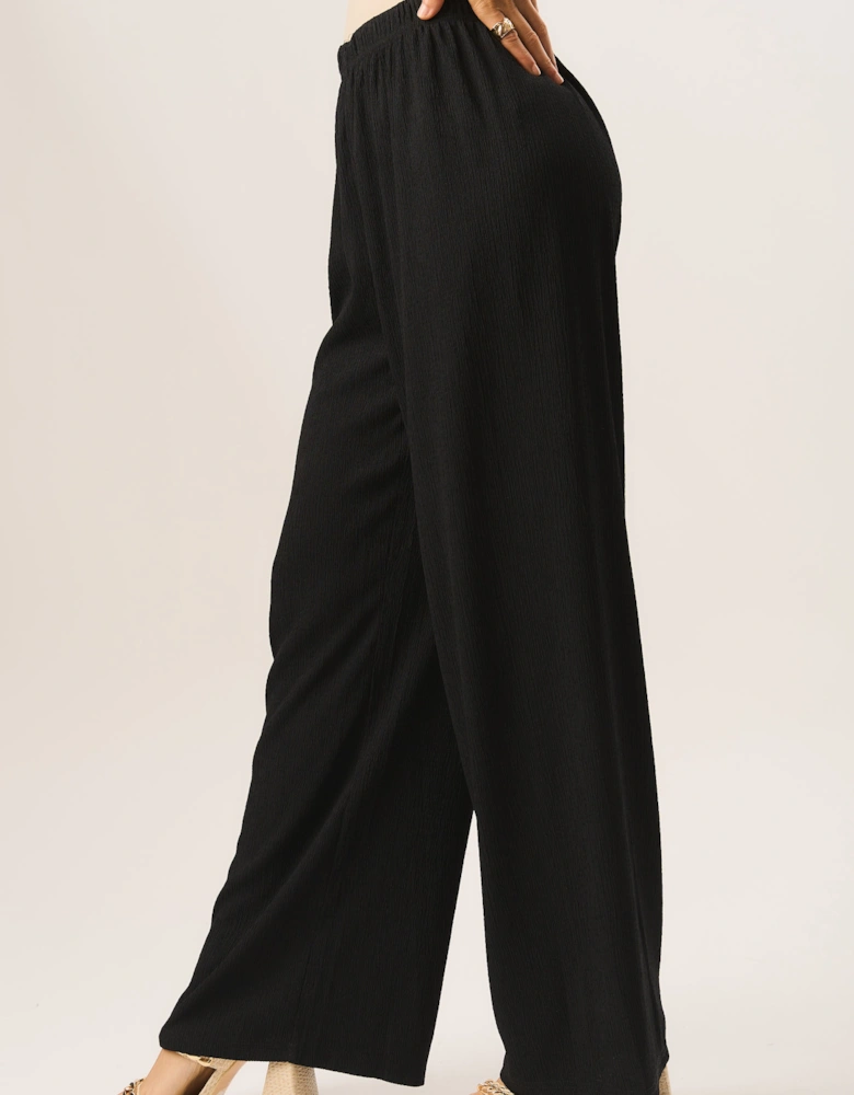 Black Textured Pull On Wide Leg Trousers