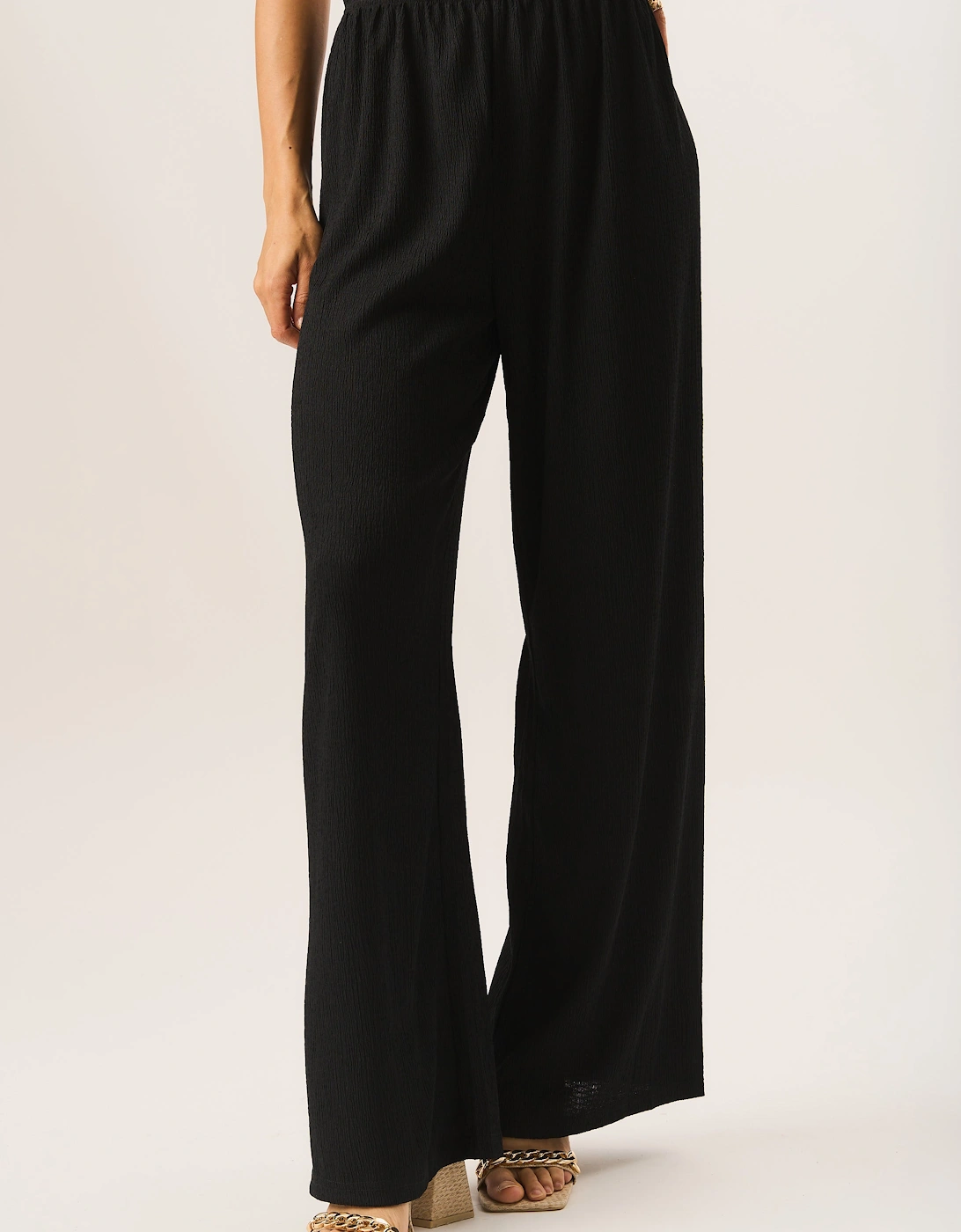 Black Textured Pull On Wide Leg Trousers