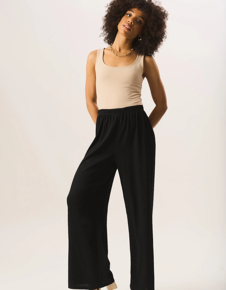 Black Textured Pull On Wide Leg Trousers