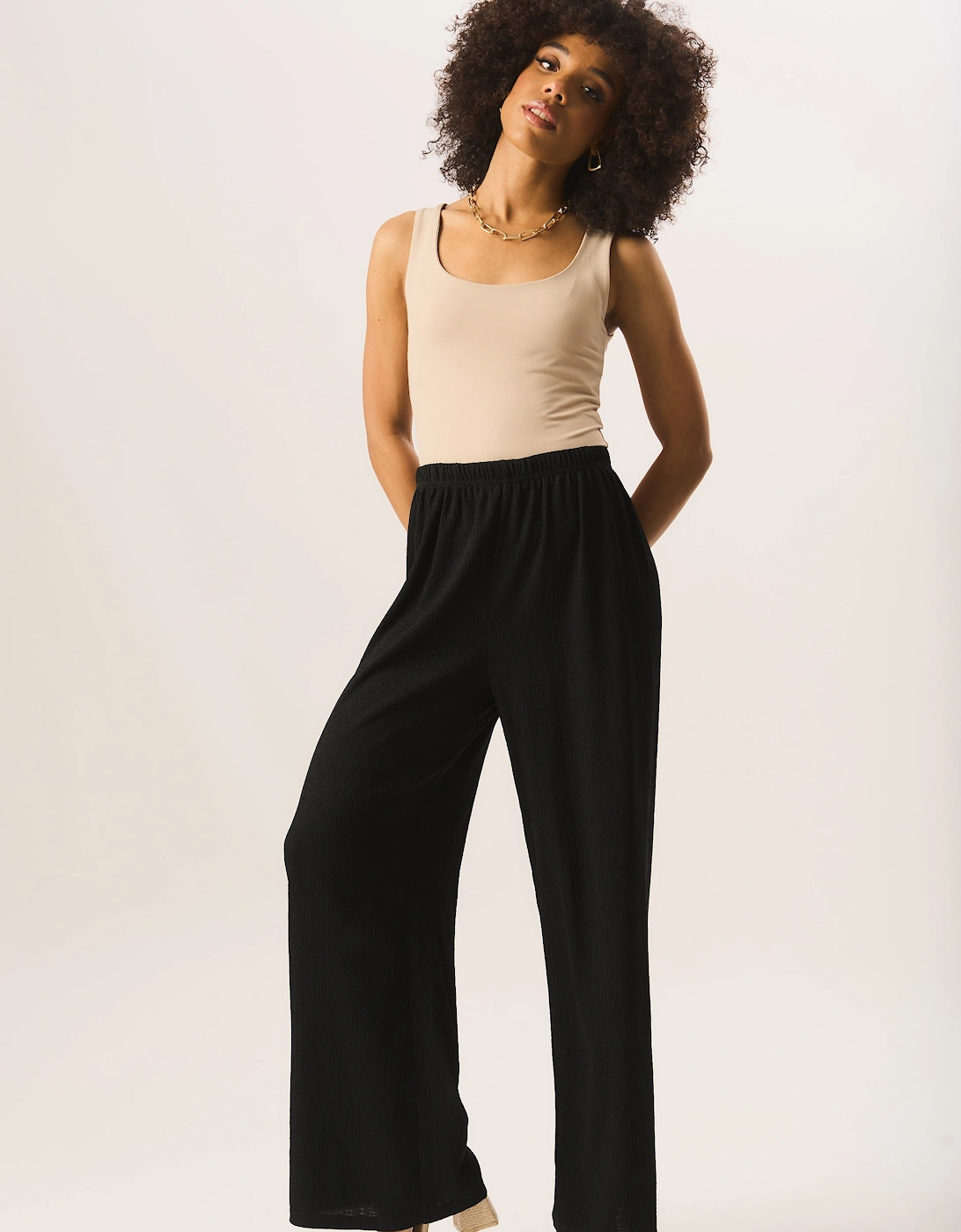 Black Textured Pull On Wide Leg Trousers, 5 of 4