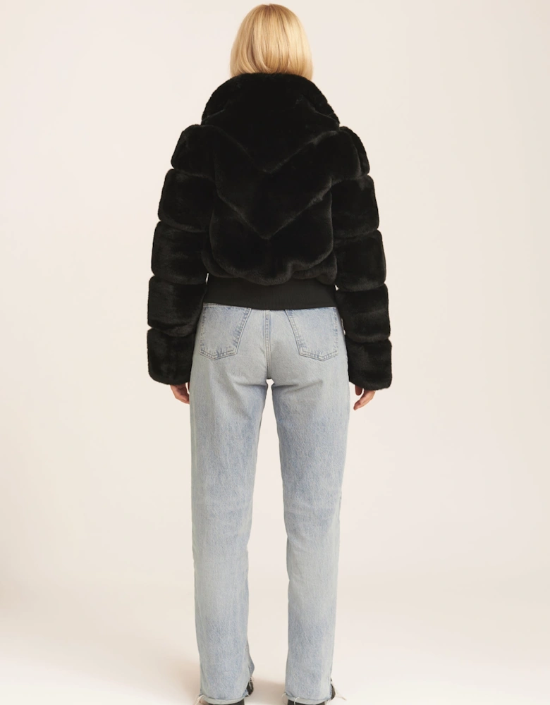 Black Faux Fur Zip Front Short Jacket