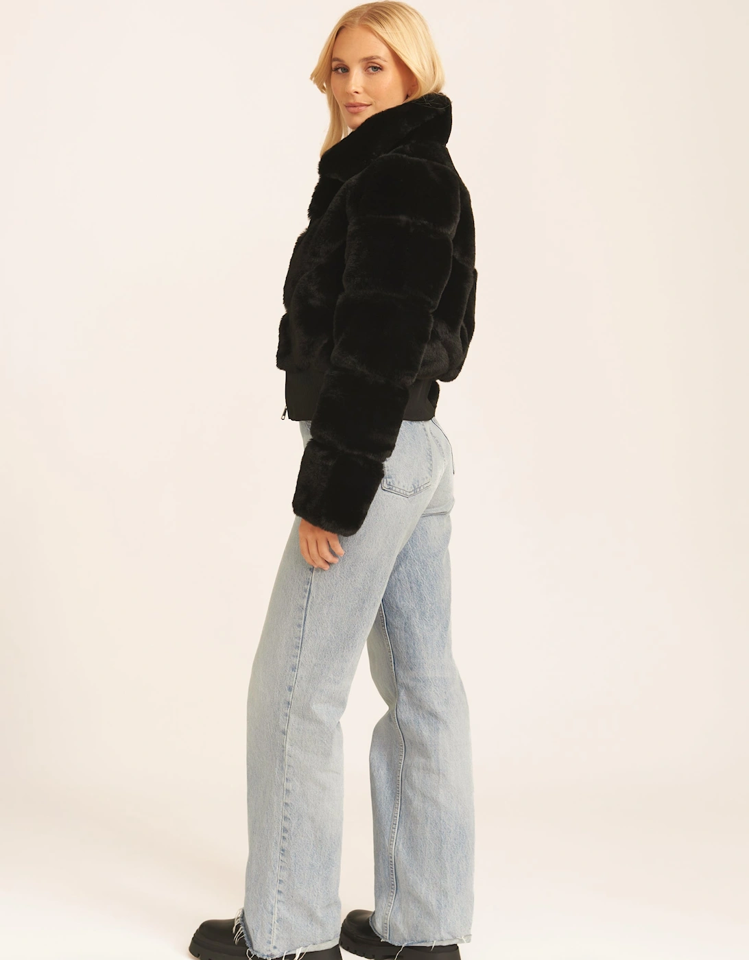 Black Faux Fur Zip Front Short Jacket