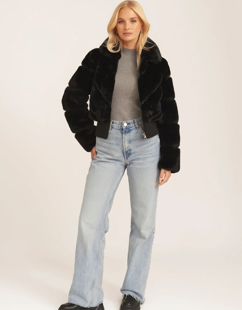 Black Faux Fur Zip Front Short Jacket