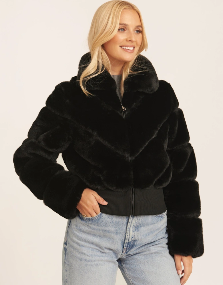 Black Faux Fur Zip Front Short Jacket