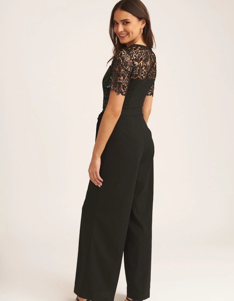 Black Floral Lace Sequin Belted Occasional Jumpsuit