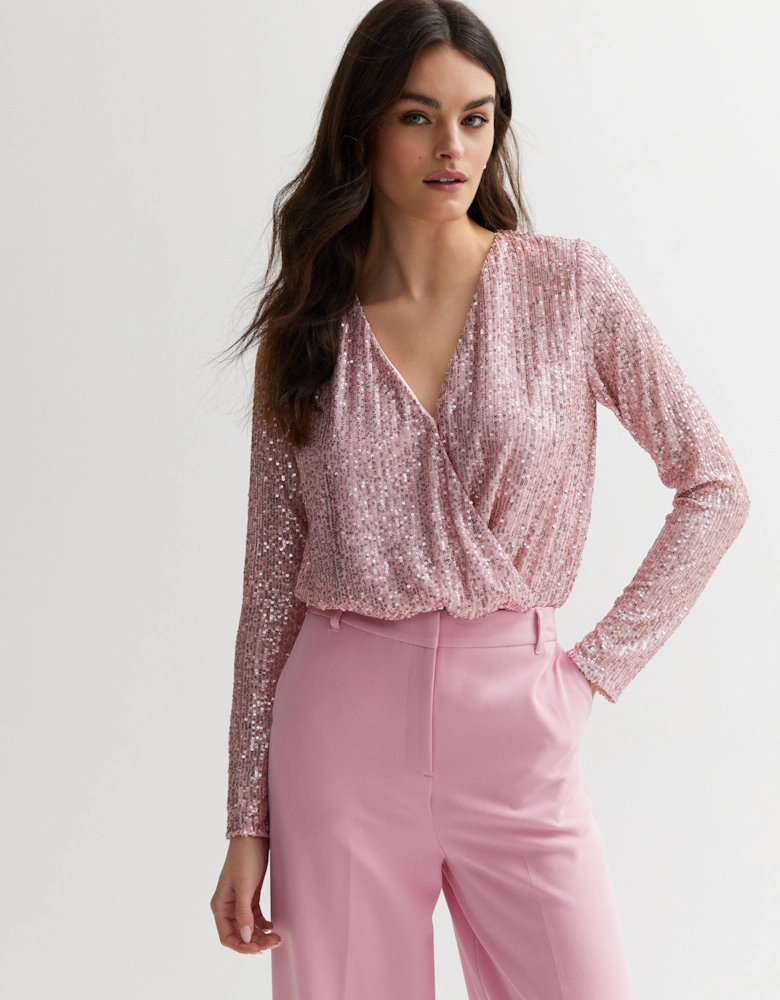 Blush Sequin Wrap Long Sleeve Bodysuit
