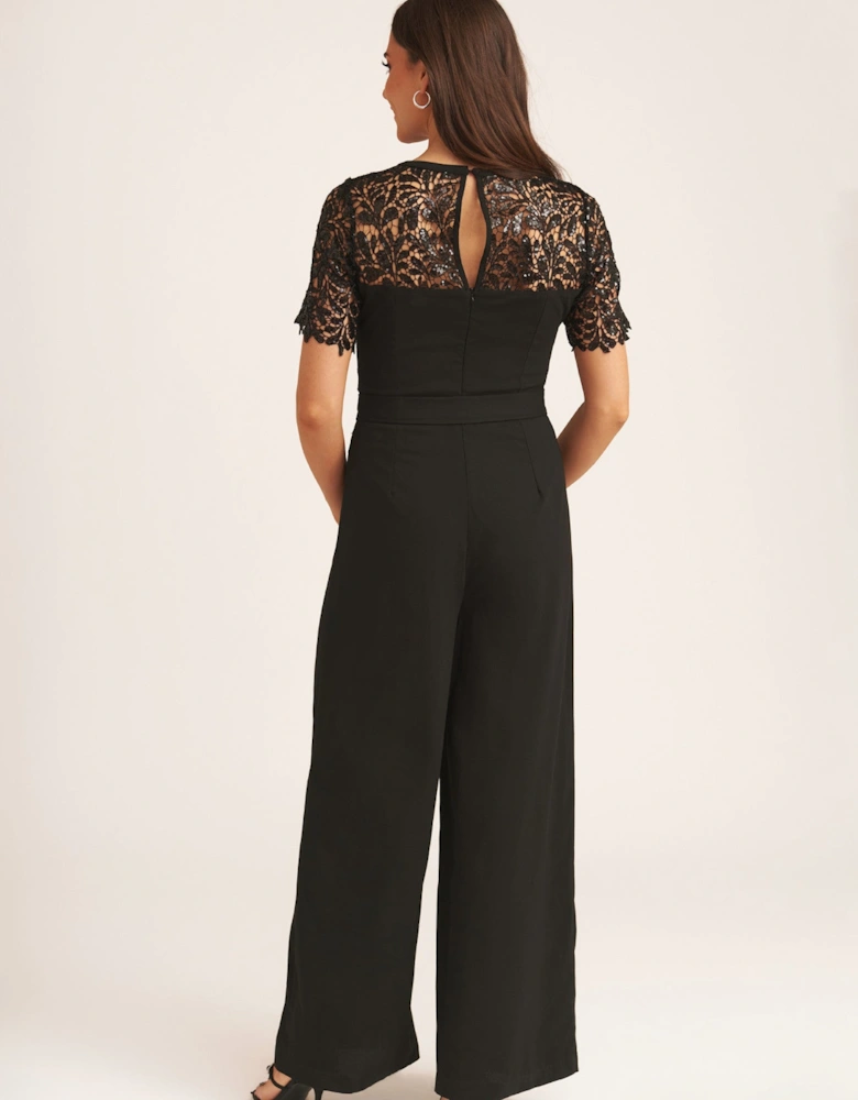 Black Floral Lace Sequin Belted Occasional Jumpsuit