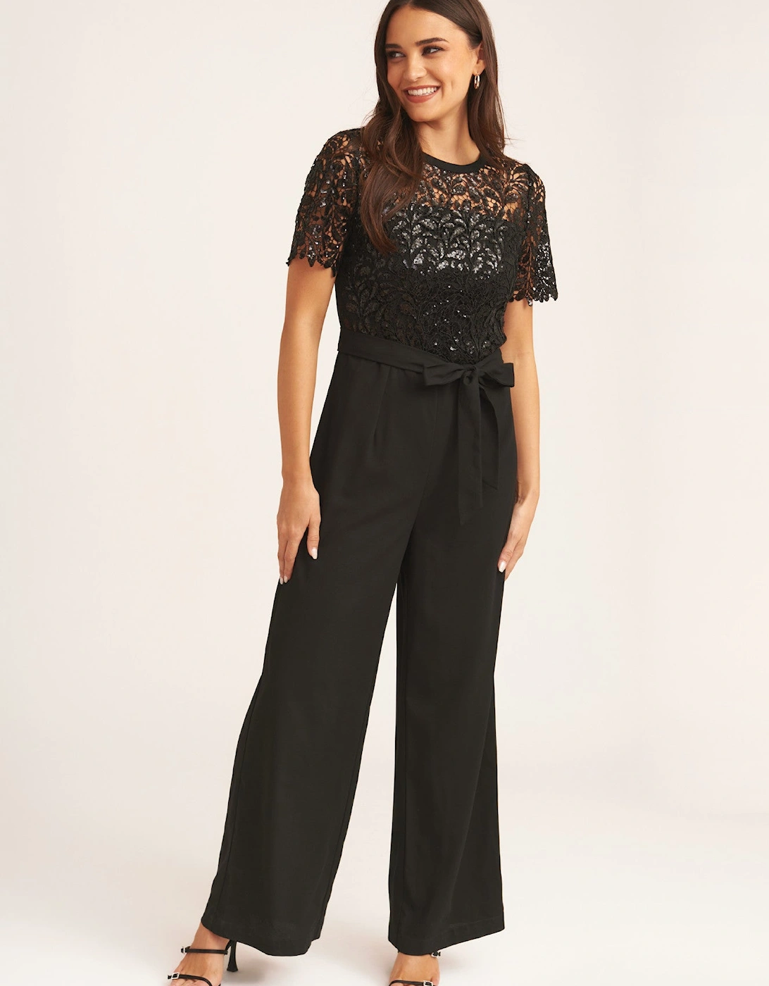 Black Floral Lace Sequin Belted Occasional Jumpsuit, 5 of 4