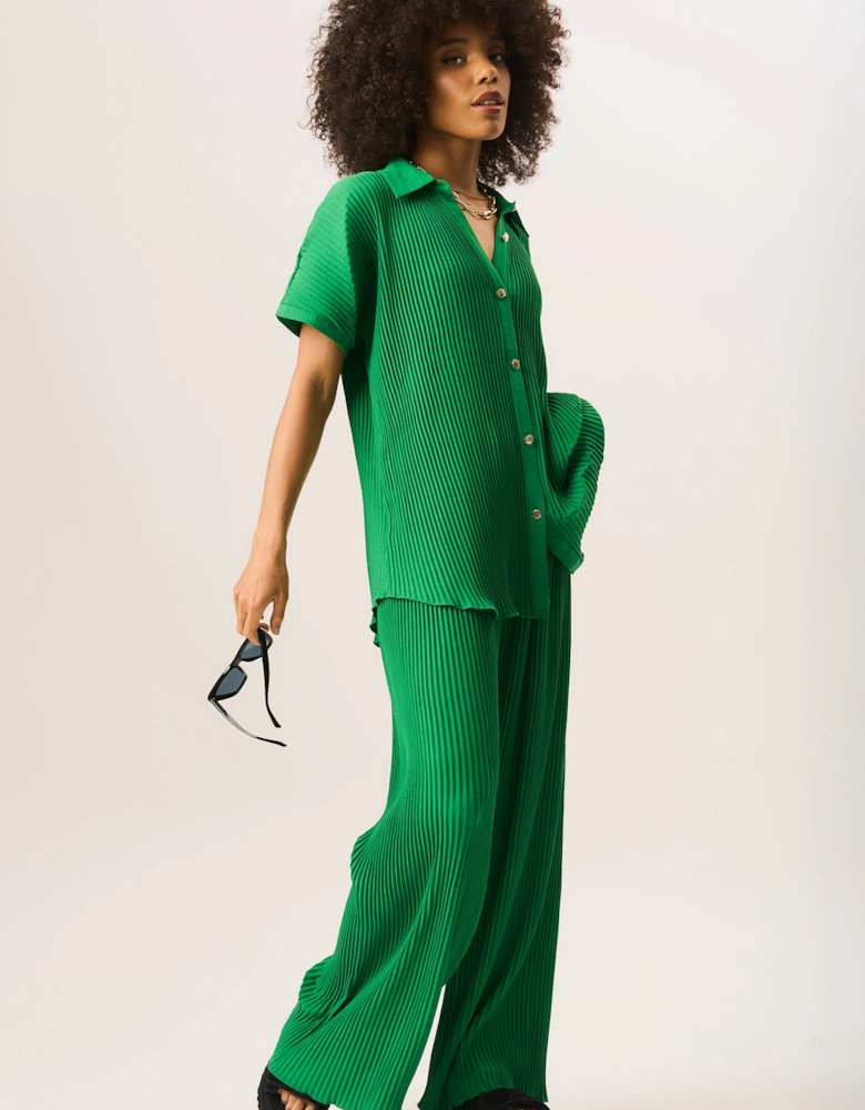 Green Plisse Short Sleeve Oversized Shirt