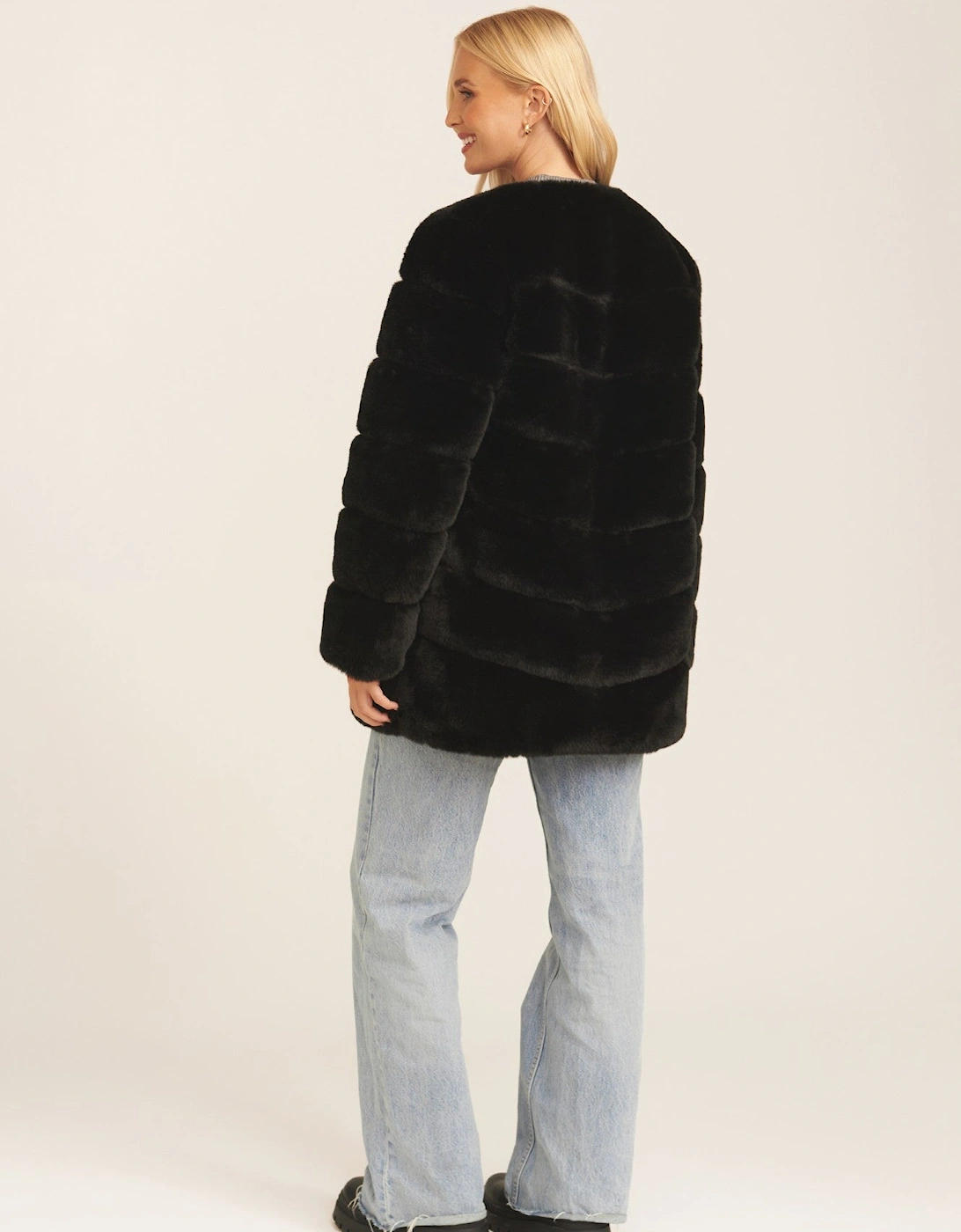 Black Diagonal Cut Faux Fur Long Sleeve Jacket