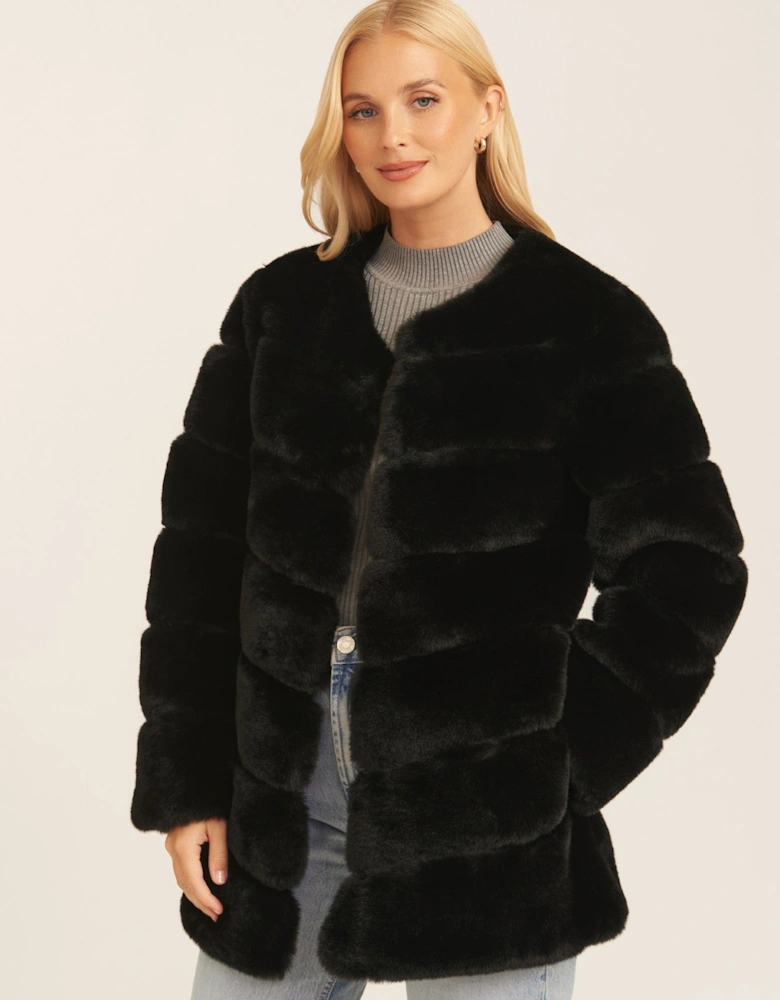 Black Diagonal Cut Faux Fur Long Sleeve Jacket