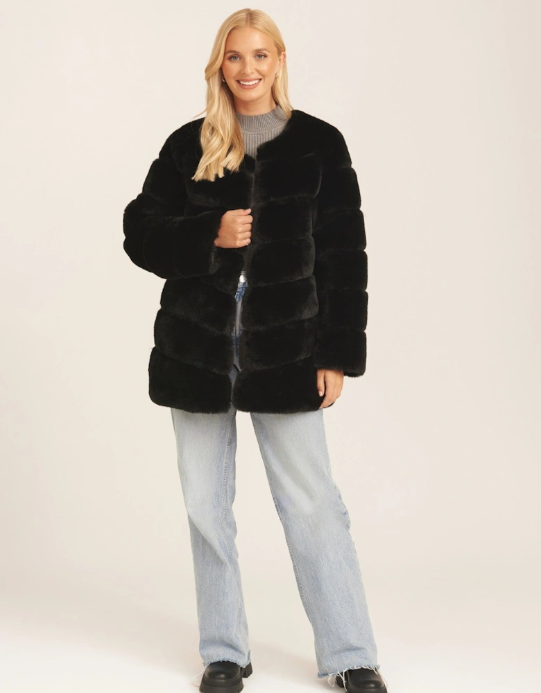 Black Diagonal Cut Faux Fur Long Sleeve Jacket