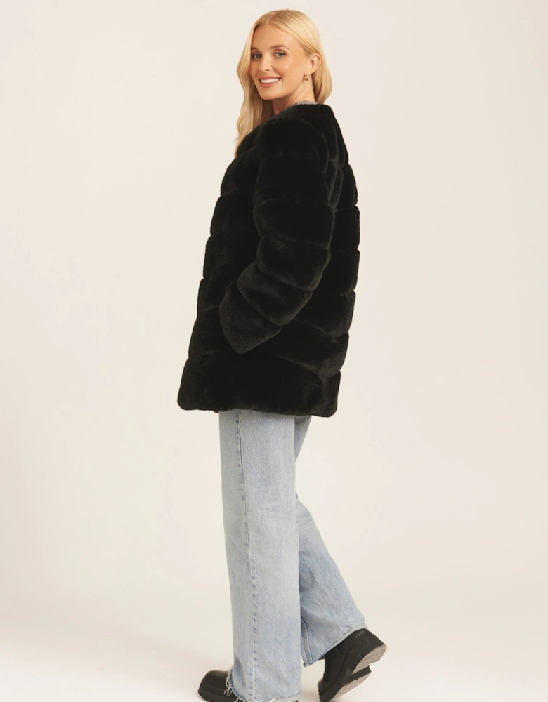 Black Diagonal Cut Faux Fur Long Sleeve Jacket