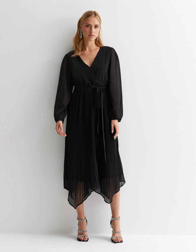 Black Pleated Hanky Hem Wrap Midi Dress