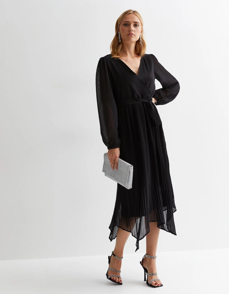 Black Pleated Hanky Hem Wrap Midi Dress