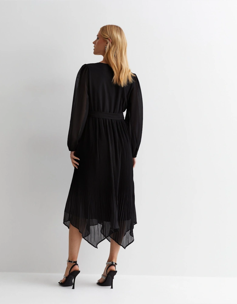 Black Pleated Hanky Hem Wrap Midi Dress