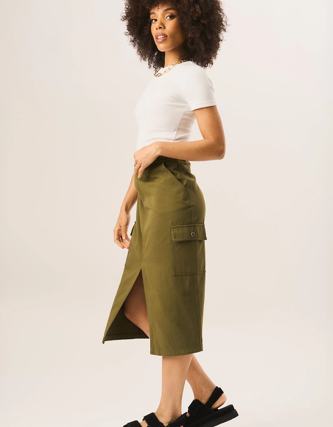 Khaki Cargo Midi Skirt